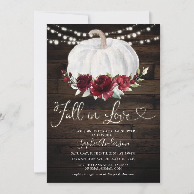 Rustic Burgundy Floral  Fall in Love Bridal Shower Invitation (Front)