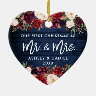 Rustic Burgundy Floral First Christmas Blue Ceramic Ornament