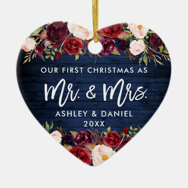 Rustic Burgundy Floral First Christmas Blue Ceramic Ornament (Front)