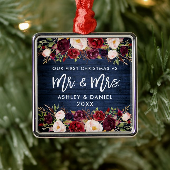 Rustic Burgundy Floral First Christmas Blue Metal Ornament (Tree)