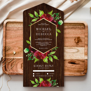 Rustic Burgundy Floral Gold Barn Wood Wedding All In One Invitation