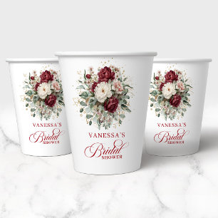 Rustic Burgundy Floral Gold Bridal Shower Paper   Cups