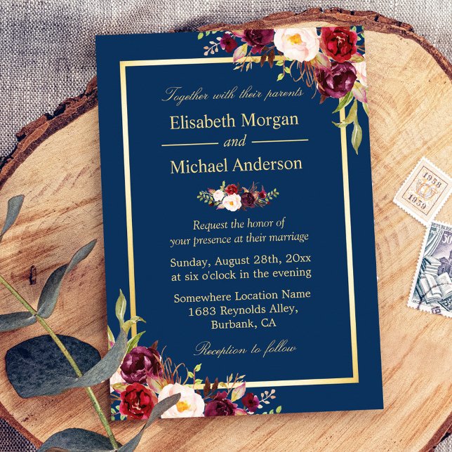 Rustic Burgundy Floral Gold Navy Blue Wedding Invitation (Creator Uploaded)