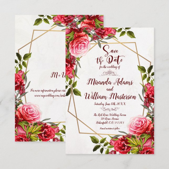 Rustic Burgundy Floral Gold Save the Date Wedding Invitation (Front/Back)