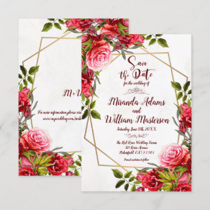 Rustic Burgundy Floral Gold Save the Date Wedding Invitation