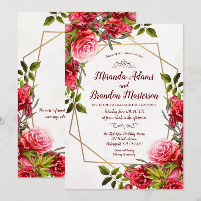 Rustic Burgundy Floral Gold Wreath Wedding Invitation (Front/Back)