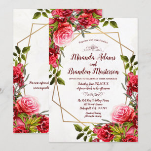 Rustic Burgundy Floral Gold Wreath Wedding Invitation
