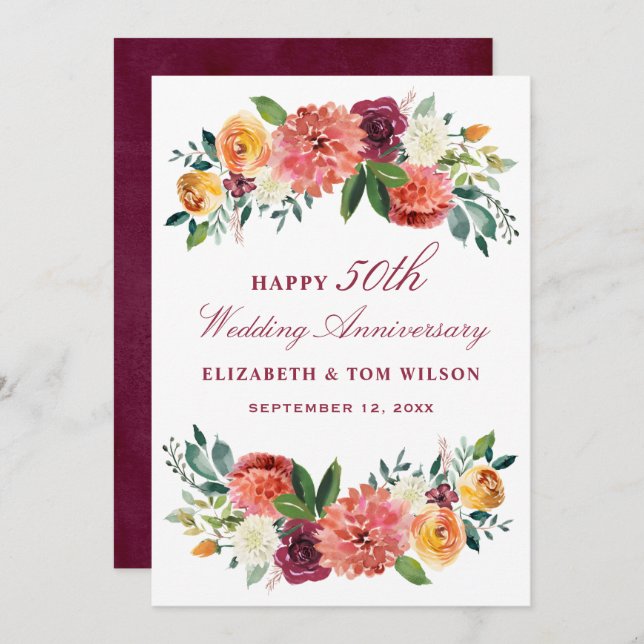 Rustic Burgundy Floral Happy Wedding Anniversary Invitation (Front/Back)