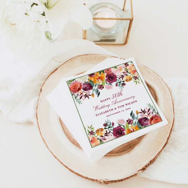 Rustic Burgundy Floral Happy Wedding Anniversary Napkin (Creator Uploaded)