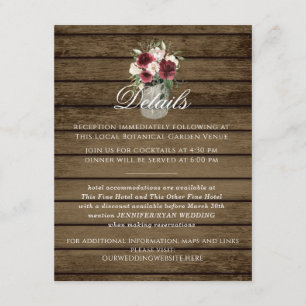 Rustic Burgundy Floral Jar Details Enclosure Card