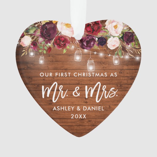 Rustic Burgundy Floral Jar Lights First Christmas Ornament (Front)