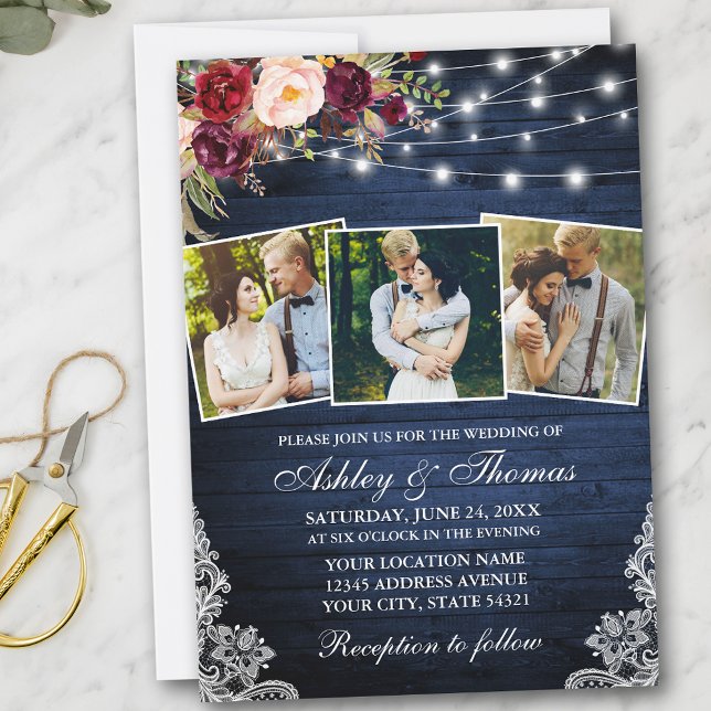 Rustic Burgundy Floral Lace Lights 3 Photo Wedding Invitation (Customize to add more text or more photos to back of card.)