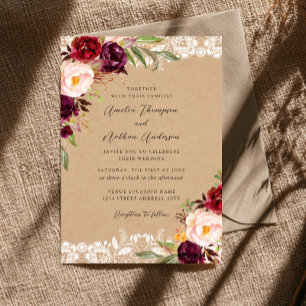 Rustic Burgundy Floral Lace Wedding Invitation