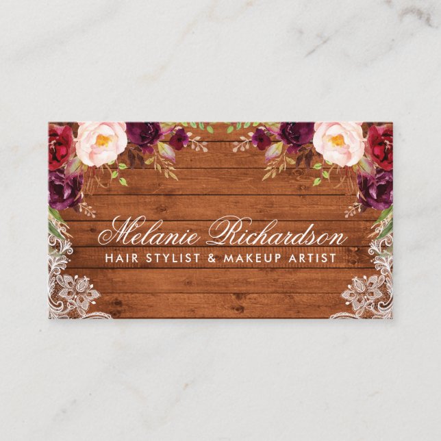 Rustic Burgundy Floral Lace Wood Business Card (Front)