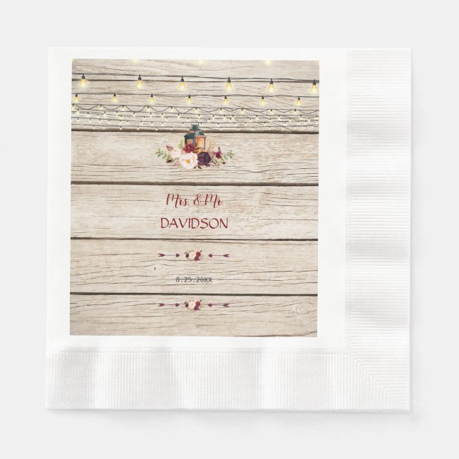Rustic Burgundy Floral Lantern Old Barn Wedding Napkin (Front)