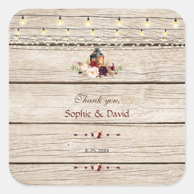 Rustic Burgundy Floral Lantern Old Barn Wedding Square Sticker (Front)