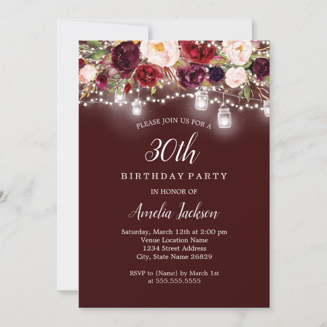 Rustic Burgundy Floral Lights 30th Birthday Invitation (Front)