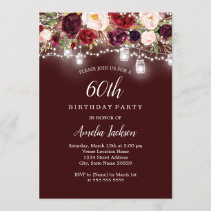 Rustic Burgundy Floral Lights 60th Birthday Invitation