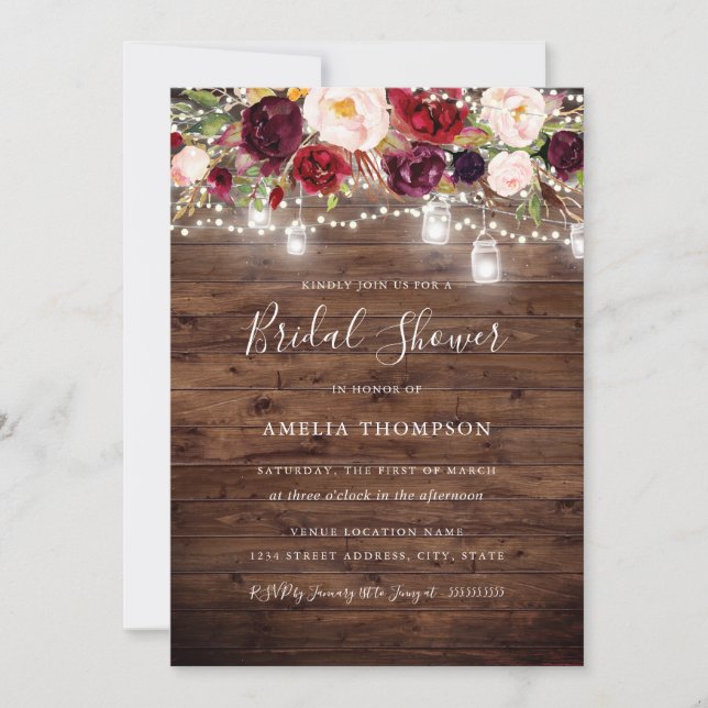 Rustic Burgundy Floral Lights Bridal Shower Invitation (Front)