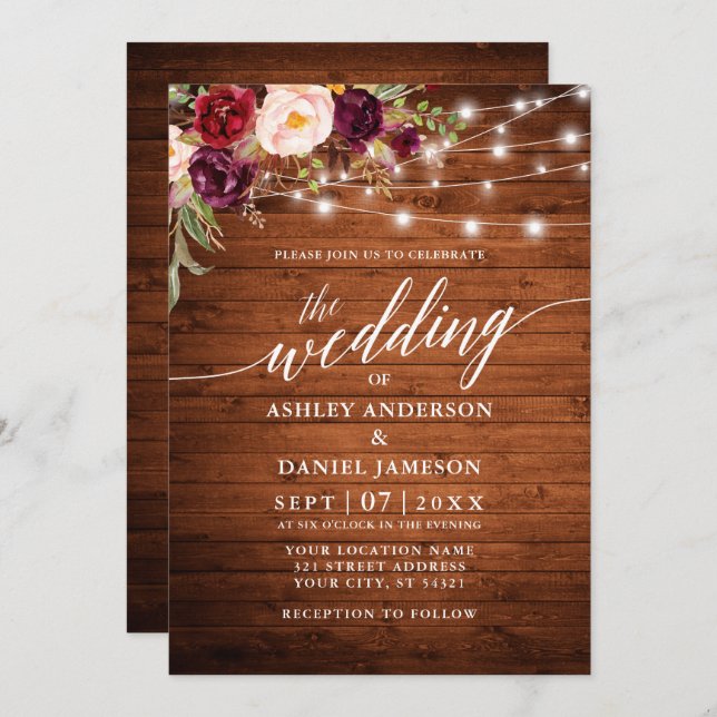 Rustic Burgundy Floral Lights Calligraphy Wedding Invitation (Front/Back)