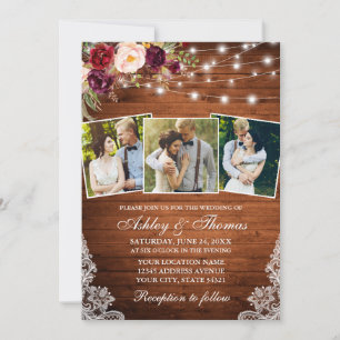 Rustic Burgundy Floral Lights Lace 3 Photo Wedding Invitation