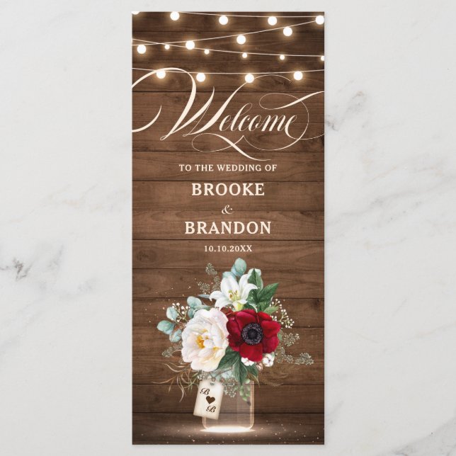 Rustic Burgundy Floral Lights Mason Jar Wedding Program (Front)