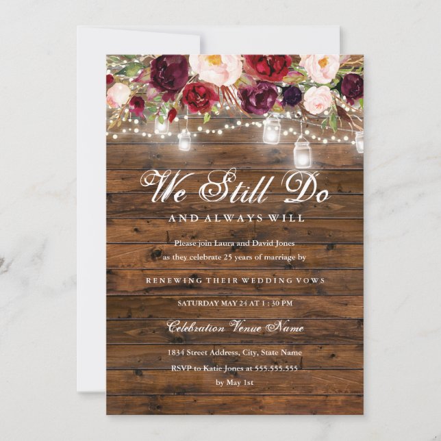 Rustic Burgundy Floral Lights Wedding Vow Renewal Invitation (Front)