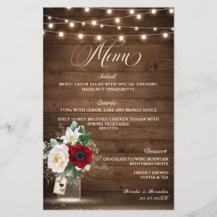 Rustic Burgundy Floral Mason Jar Wdding Menu
