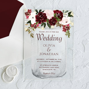 Rustic Burgundy Floral Mason Jar Wedding Acrylic Invitations