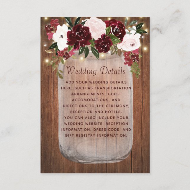 Rustic Burgundy Floral Mason Jar Wedding Details Enclosure Card (Front)