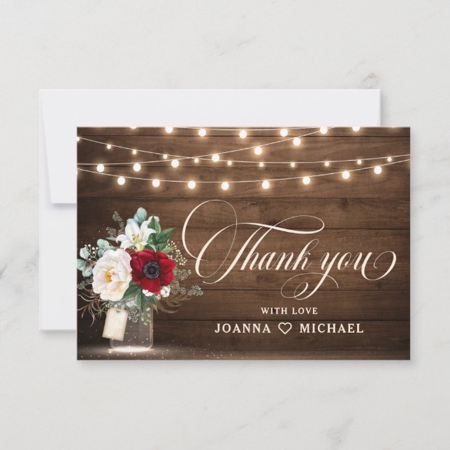 Rustic Burgundy Floral Mason Jar Wedding Thank You (Front)