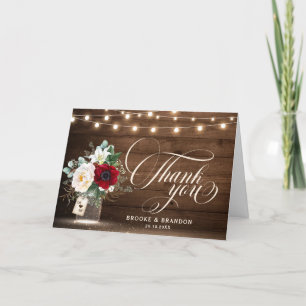 Rustic Burgundy Floral Mason Jar Wedding Thank You Card