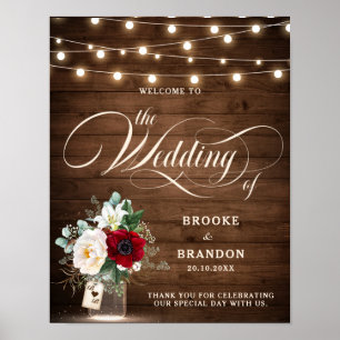 Rustic Burgundy Floral Mason Jar Wedding Welcome Poster
