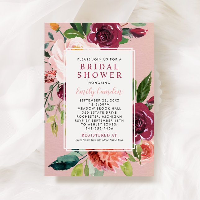 Rustic Burgundy Floral Pink Wedding Bridal Shower Invitation (Creator Uploaded)