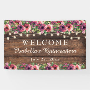 Rustic Burgundy Floral Quinceañera Welcome Banner