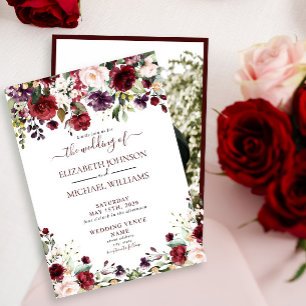 Rustic Burgundy Floral Script Photo Wedding Invitation