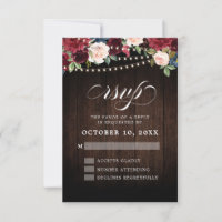 Rustic Burgundy Floral String Light Wedding RSVP