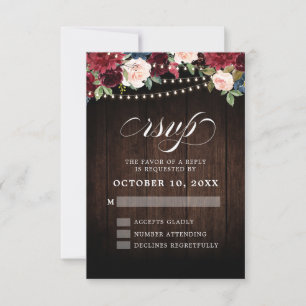 Rustic Burgundy Floral String Light Wedding RSVP Card