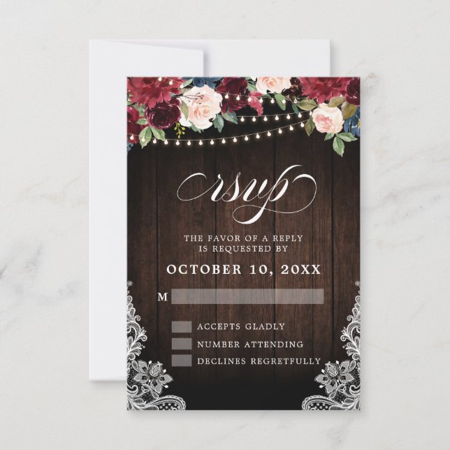 Rustic Burgundy Floral String Light Wedding RSVP Card (Front)