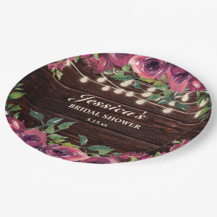Rustic Burgundy Floral String Lights Bridal Shower Paper Plate