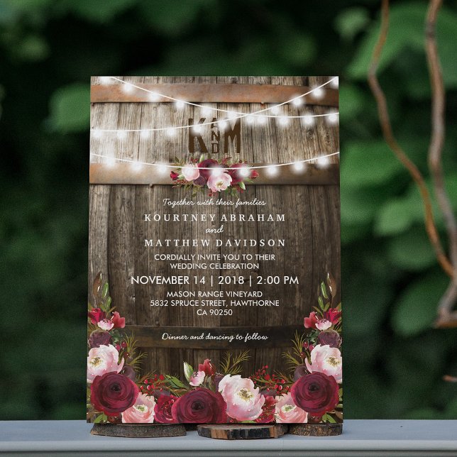 Rustic Burgundy Floral String Lights Wedding Invitation (Creator Uploaded)