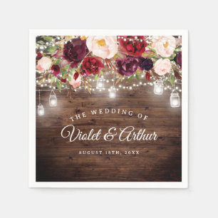 Rustic Burgundy Floral String Lights Wedding Napkin