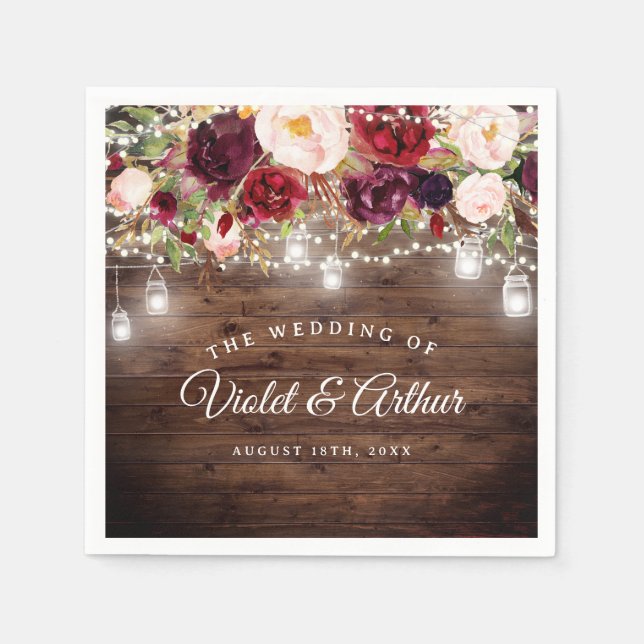 Rustic Burgundy Floral String Lights Wedding Napkin (Front)