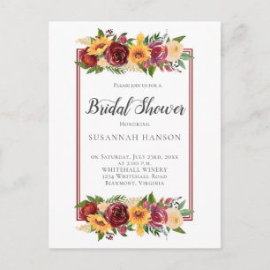 Rustic Burgundy Floral Sunflowers Bridal Shower Postcard