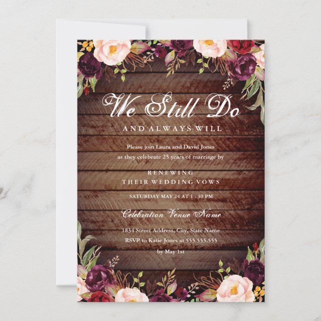 Rustic Burgundy Floral Vow Renewal Anniversary Invitation (Front)