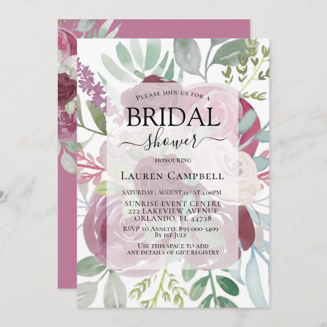 Rustic Burgundy Floral Watercolor Bridal Shower Invitation (Front/Back)