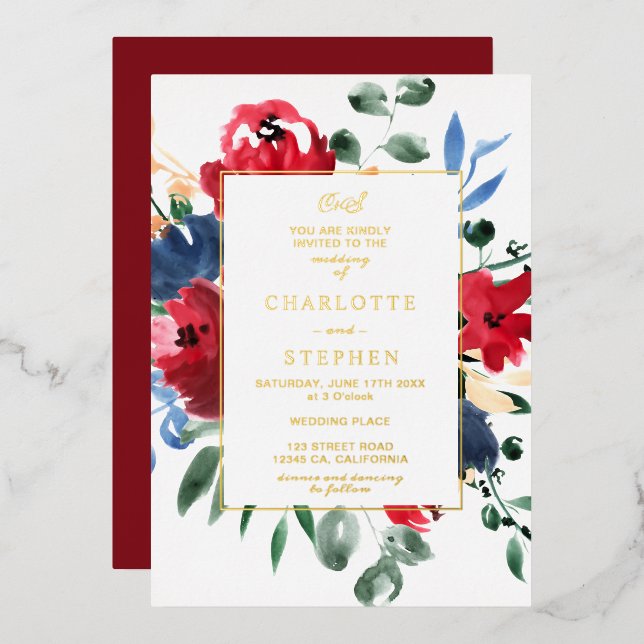 Rustic burgundy floral watercolor gold wedding (Front/Back)