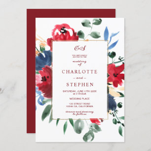 Rustic burgundy floral watercolor gold wedding invitation