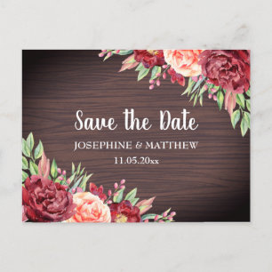 Rustic Burgundy Floral Watercolor Save The Date Announcement Postcard
