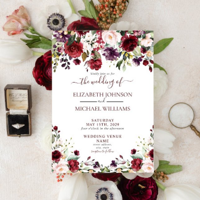 Rustic Burgundy Floral Watercolor Script Wedding Invitation (Creator Uploaded)